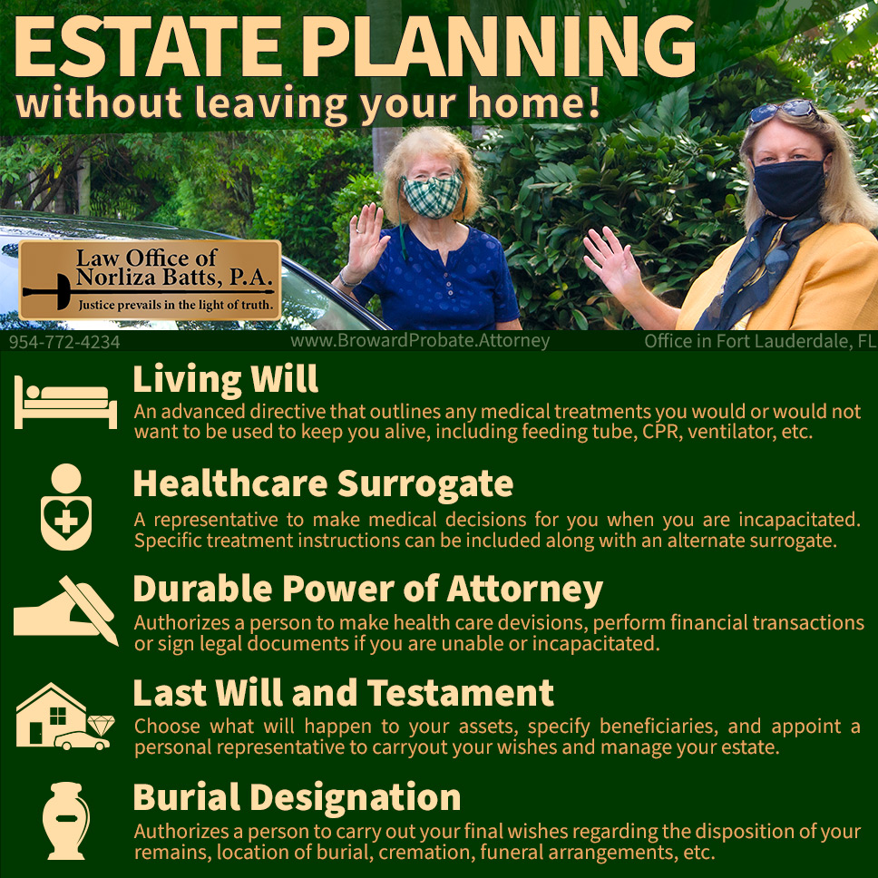 Estate Planning without leaving your home in Fort Lauderdale, including Living Will, Healthcare Surrogate, Durable Power of Attorney, Last Will and Testament, and Burial Designation
